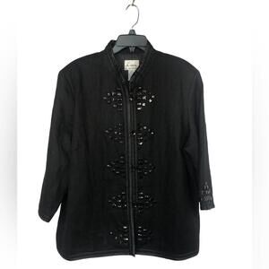 Linea Women’s Jacket Black Linen Satiny Trim Jewel Embellished Boxy 3/4 Sleeve